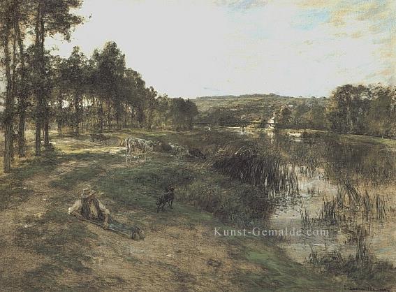 Troupeau au bord de leau 1904 Leben auf dem Land Leon Augustin Lhermitte Landschaften Bach Ölgemälde